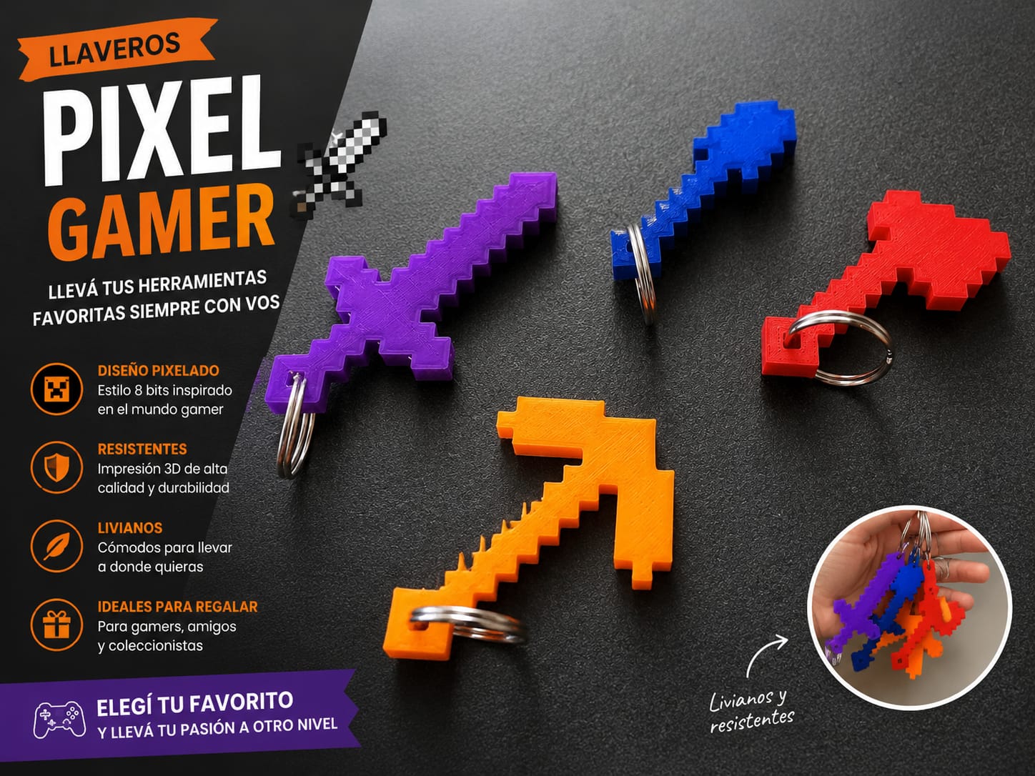 ART.02.VARIO. LLAVEROS MINECRAFT X5 UNIDADES