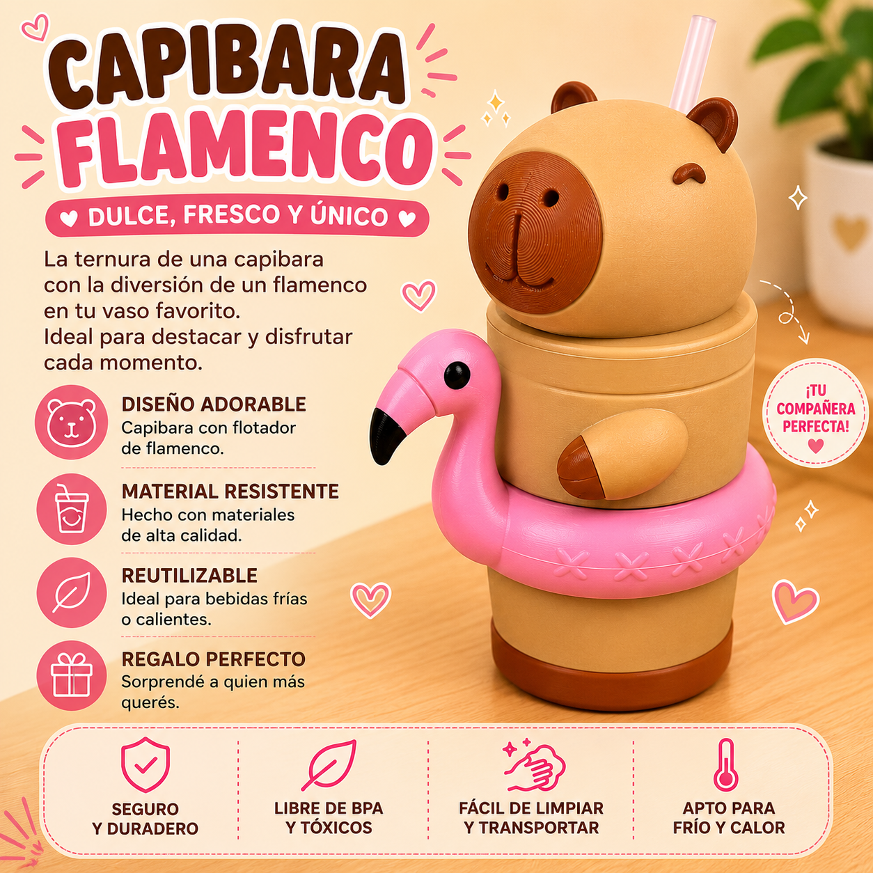 ART.10.VASO ANIMADOS CAPIBARA FLAMENCO