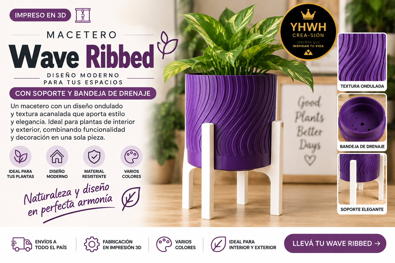 ART.09.MACETERO WAVE RIBBED (10 cm x 10 cm x 8 cm alto)